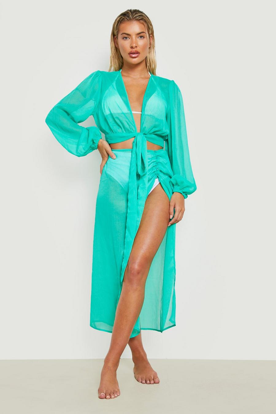 Green Sheer Texture Button Detail Asym Beach Skirt image number 1