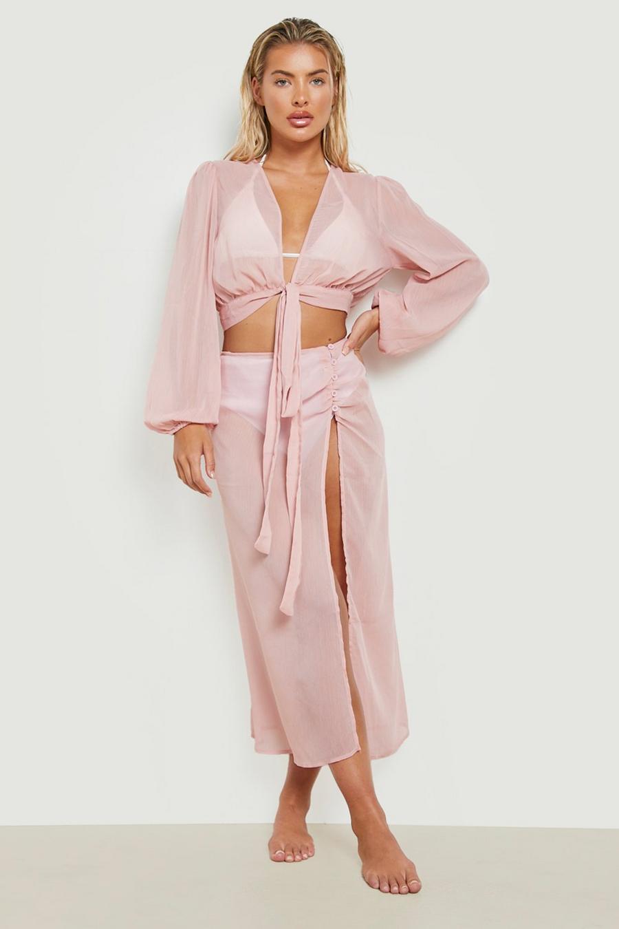 Pale pink Sheer Texture Button Detail Asym Beach Skirt