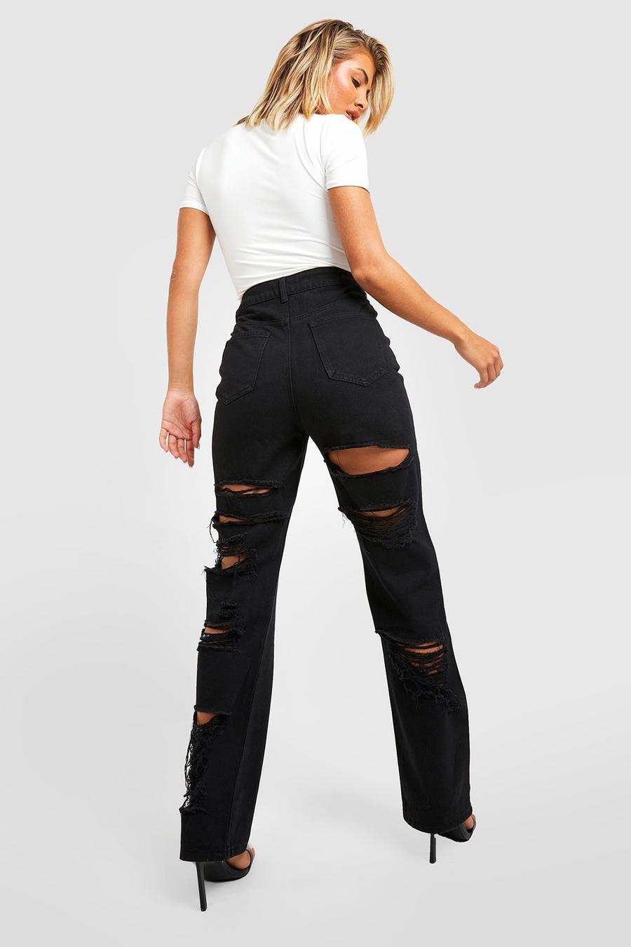 שחור negro ג'ינס בגזרה גבוה וישרה וגב עם קרעים image number 1