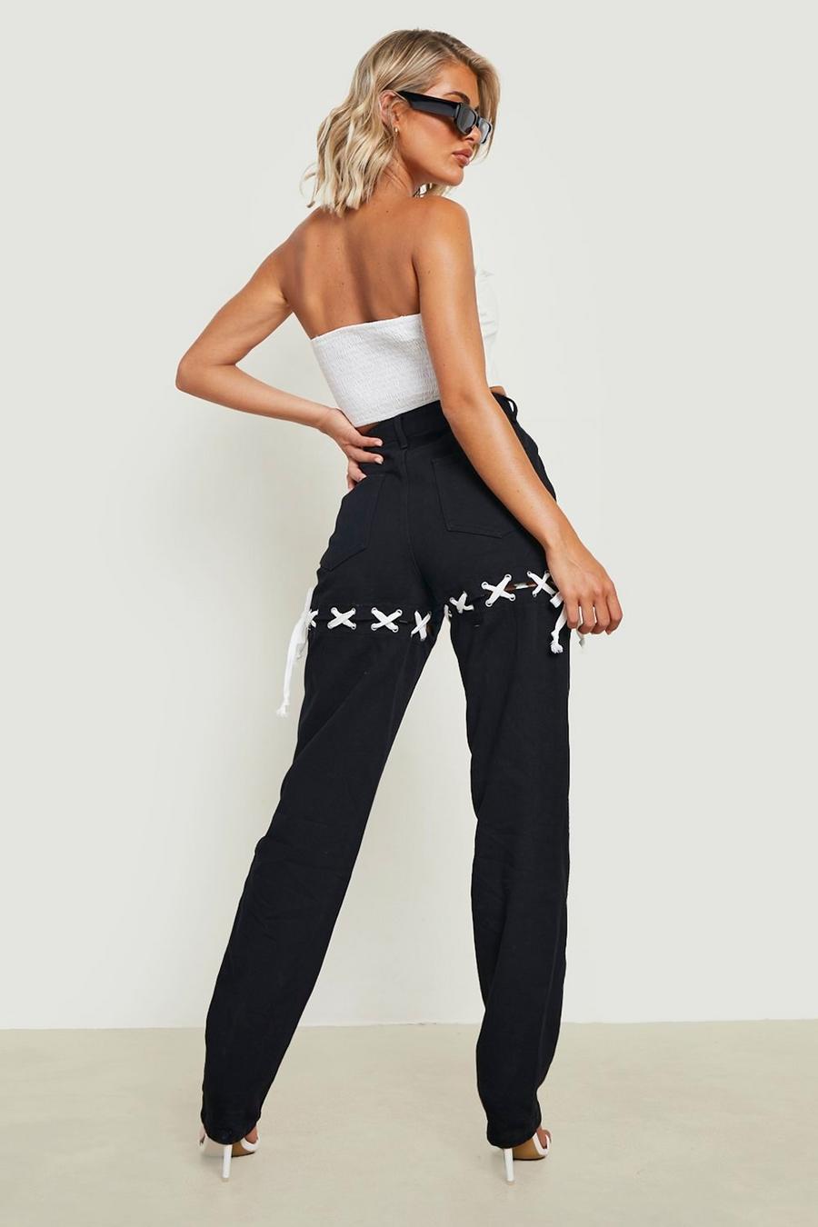 Black High Waisted Lace Up Back Straight Fit Jeans