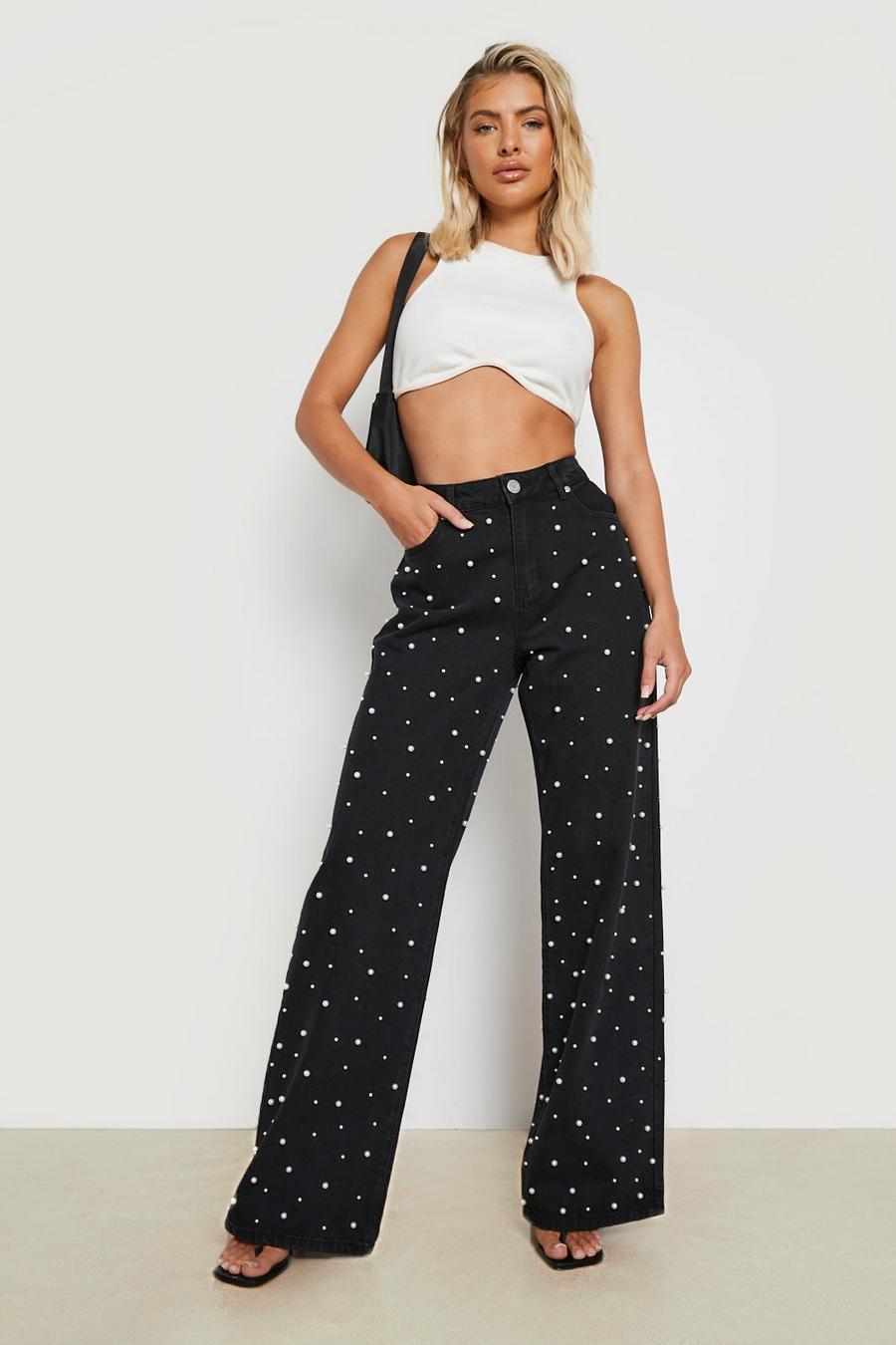 Black Pearl Embellished Low Waisted Relax Fit Jeans image number 1