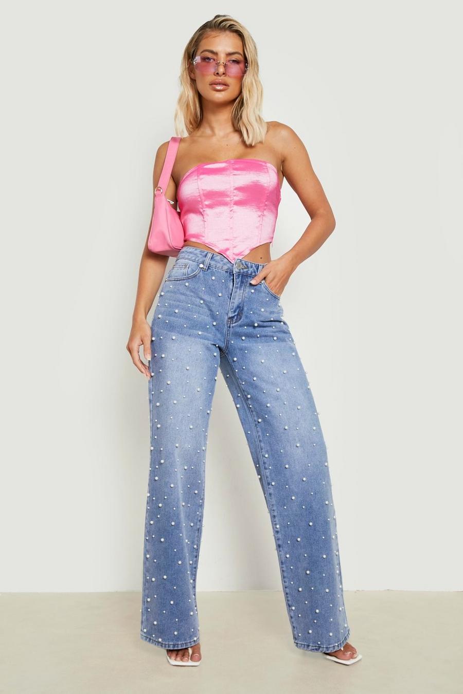 Stonewash Pearl Embellished Low Waisted Relax Fit Jeans image number 1