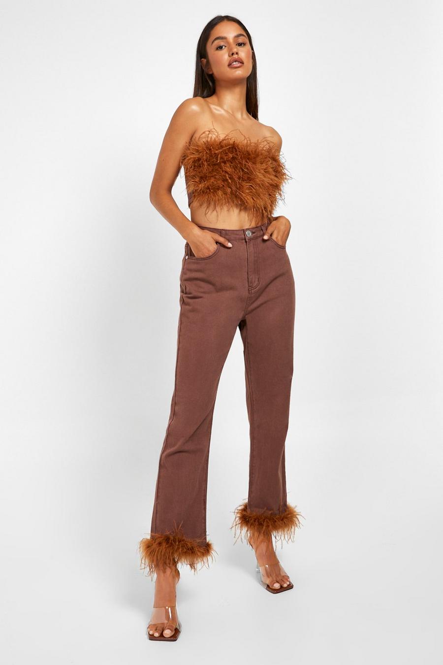 Chocolate brown Feather Trim High Waisted Straight Leg Jeans