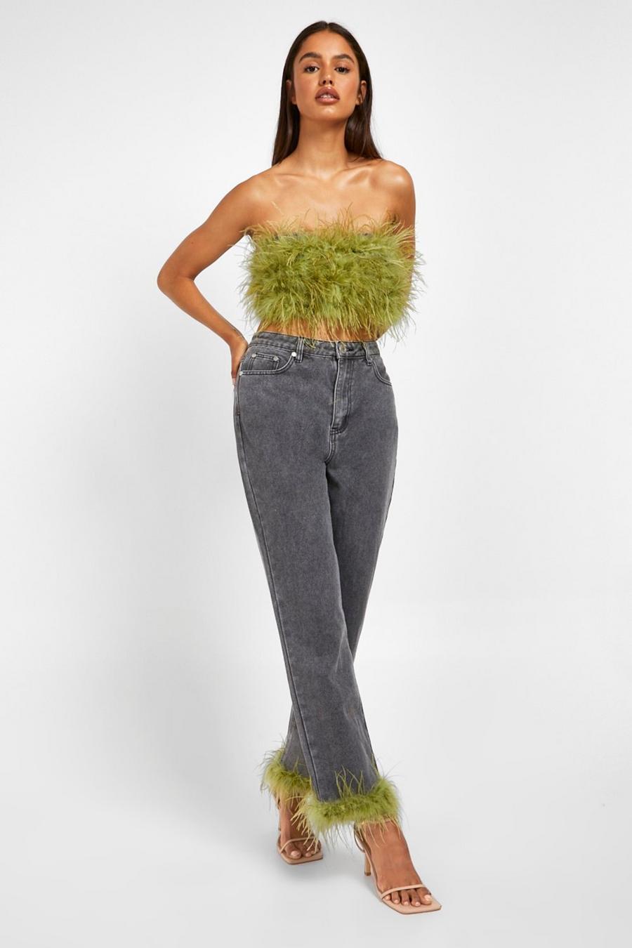 Grey Feather Trim High Waisted Straight Leg Jeans image number 1
