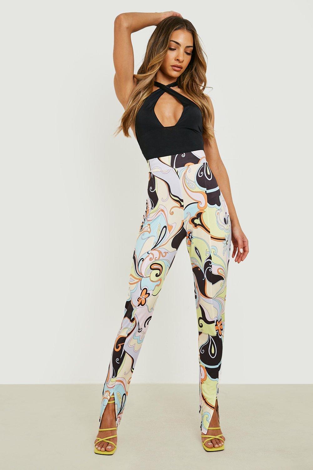 Color Pop Abstract Print Split Hem Leggings