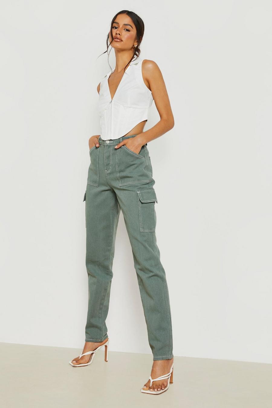 Khaki Mid Rise Contrast Stitch Cargo Jeans image number 1