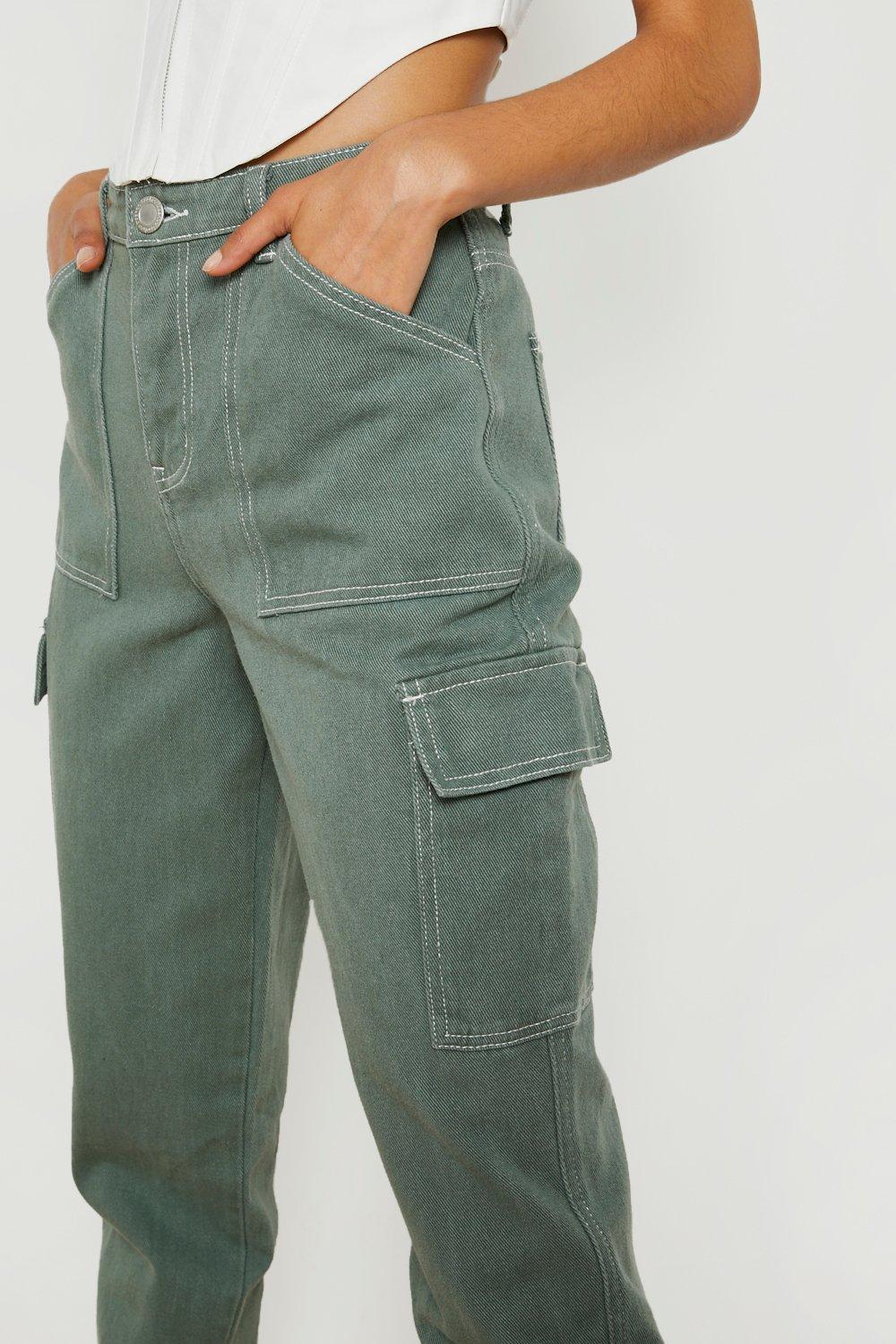 Mid Rise Contrast Stitch Cargo Jeans