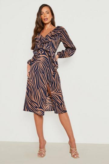 Zebra Ruffle Woven Midi Dress brown