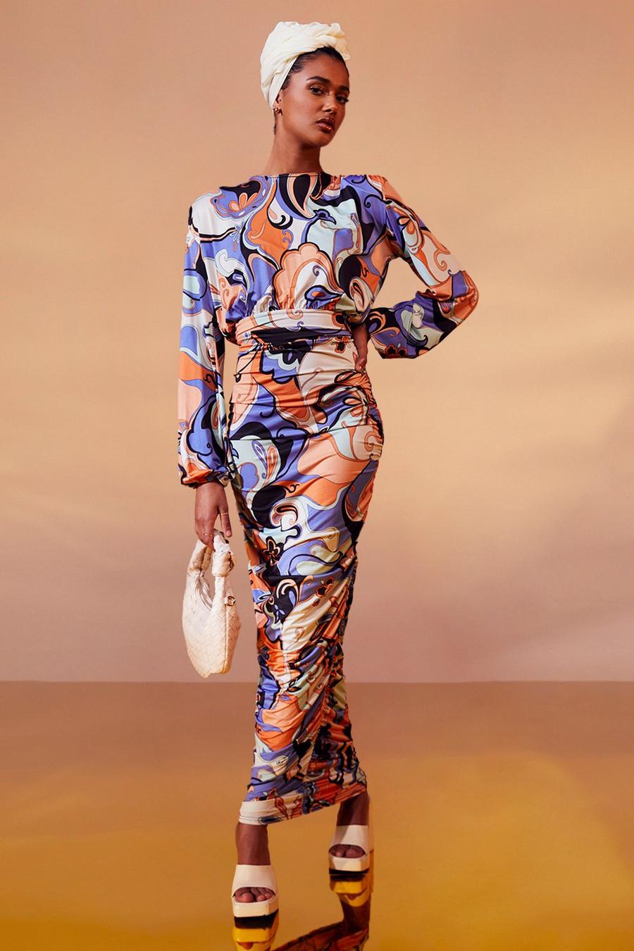 Orange Printed Slinky Shoulder Pad Ruched Maxi Dress