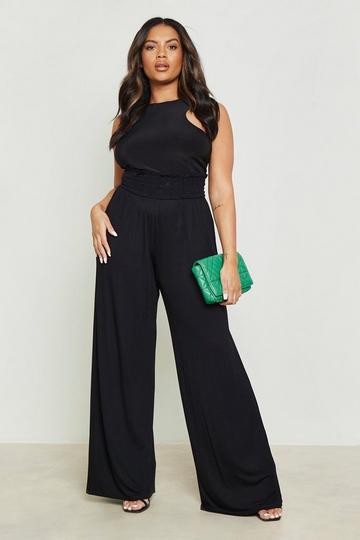 Plus Shirred Waist Wide Leg Trousers black