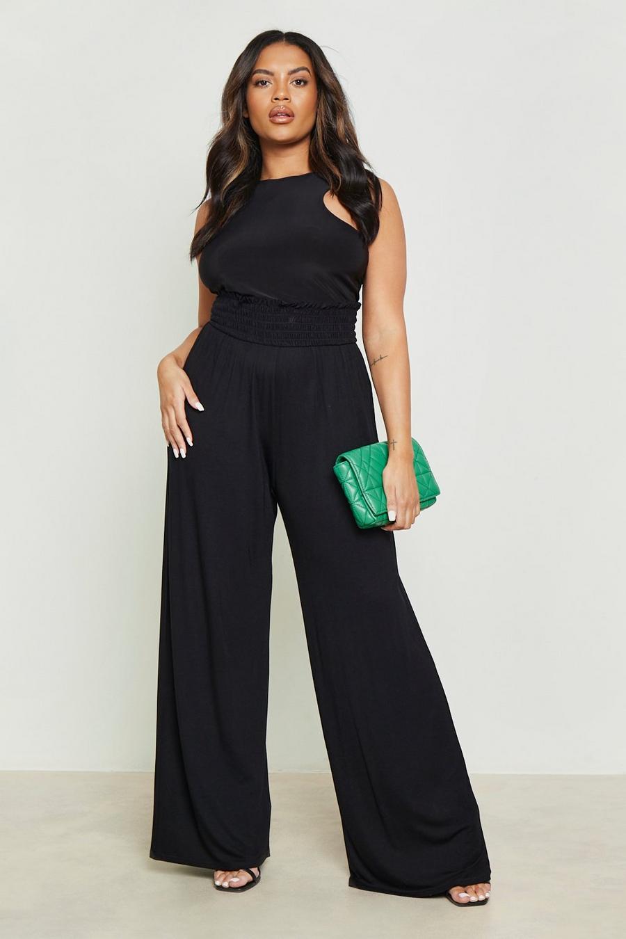 Black Plus Shirred Waist Wide Leg Trousers image number 1