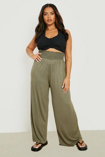 Khaki Plus Shirred Waist Wide Leg Pants