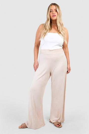 Stone Beige Plus Shirred Waist Wide Leg Pants