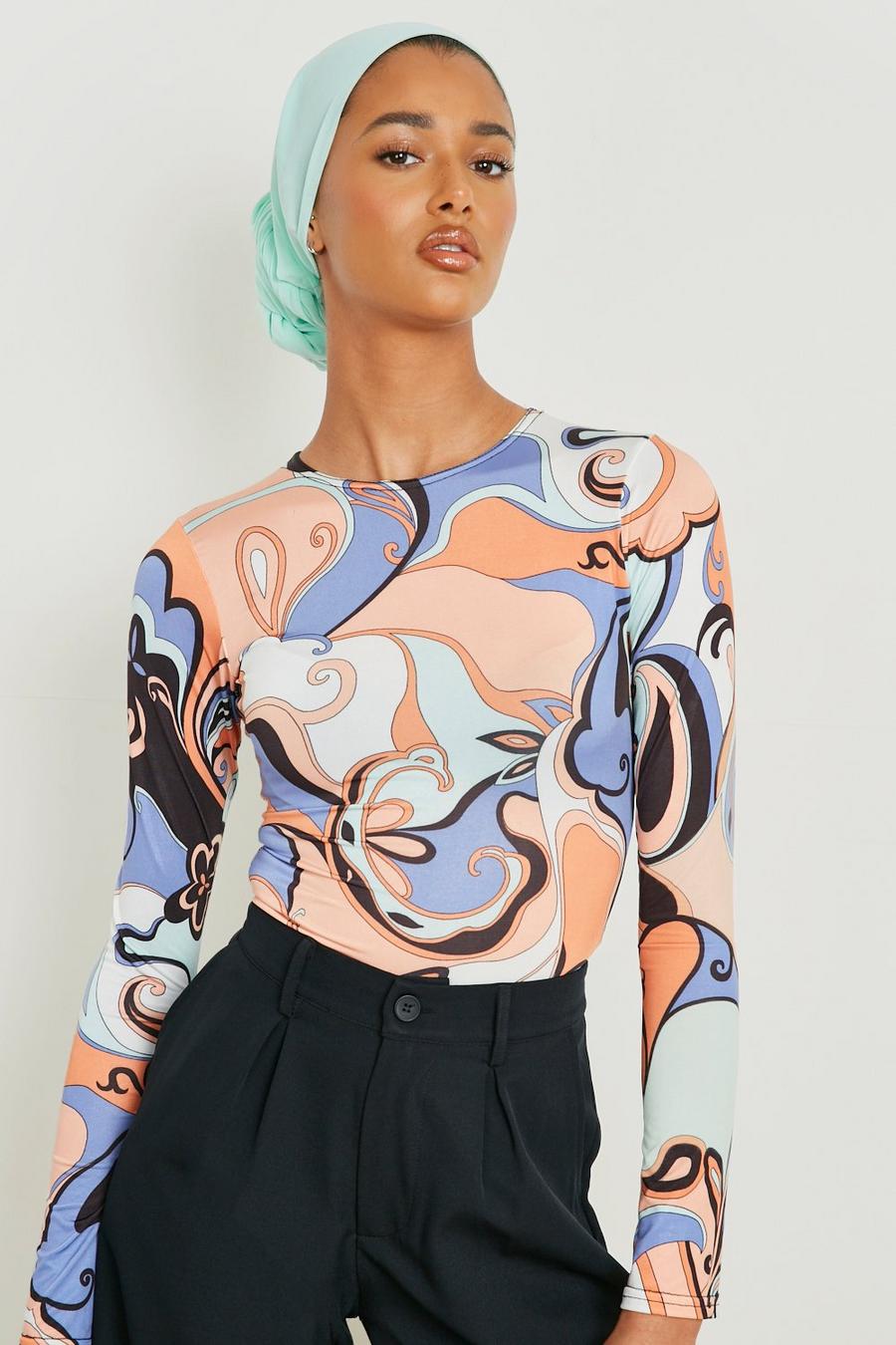 Multi Abstract Printed Slinky Bodysuit image number 1
