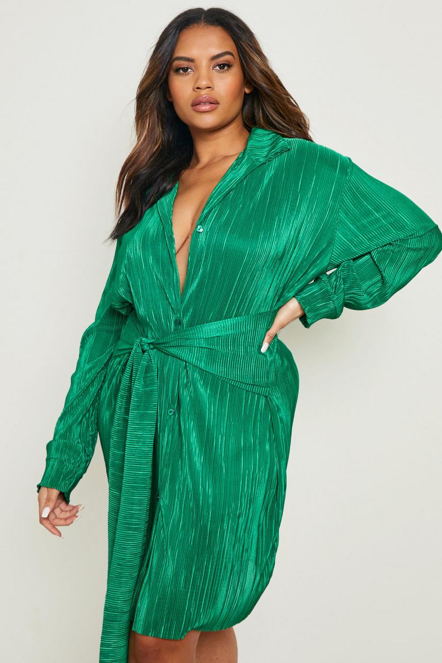 Green vert Plus Plisse Wrap Shirt Dress