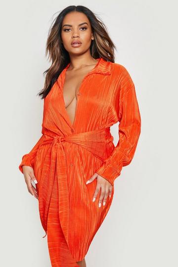 Plus Plisse Wrap Shirt Dress orange