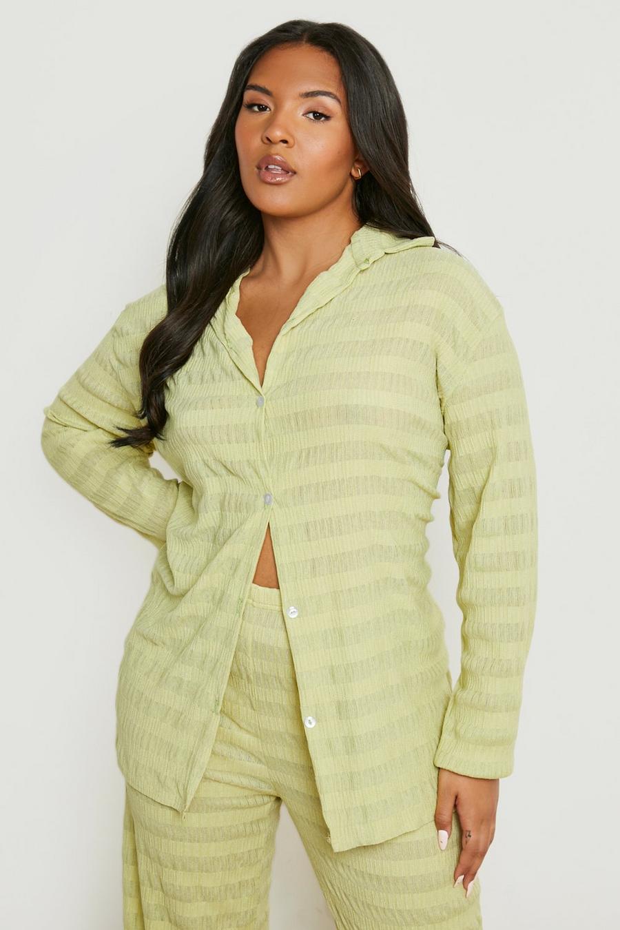 Green Plus Crinkle Stripe Oversized Shirt  image number 1