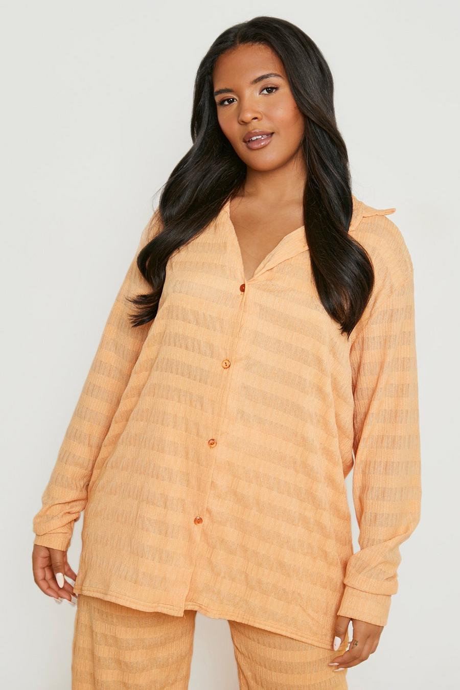 Orange Plus Crinkle Stripe Oversized Shirt  image number 1