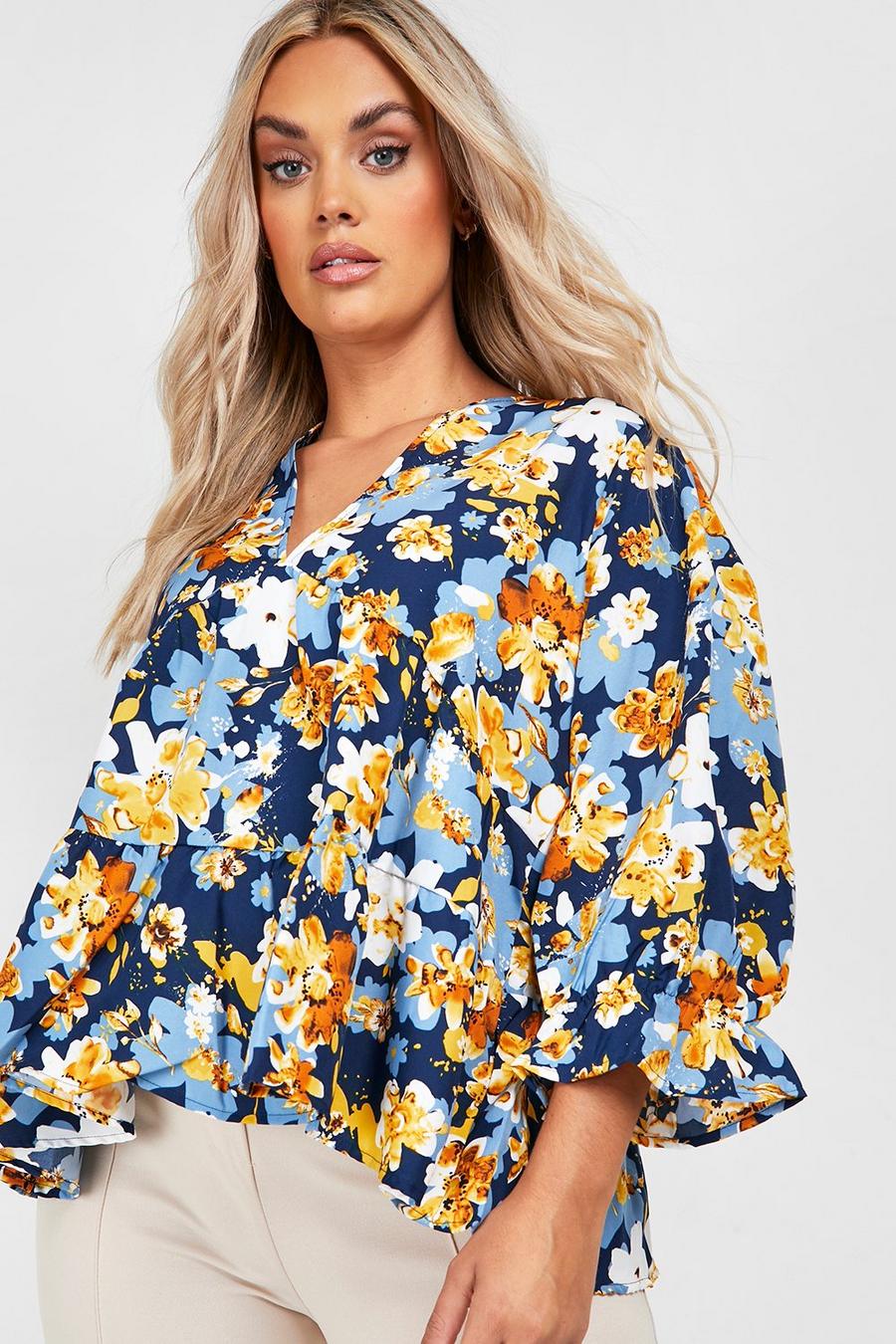 Blue azzurro Plus Ditsy Floral Tiered Blouse image number 1