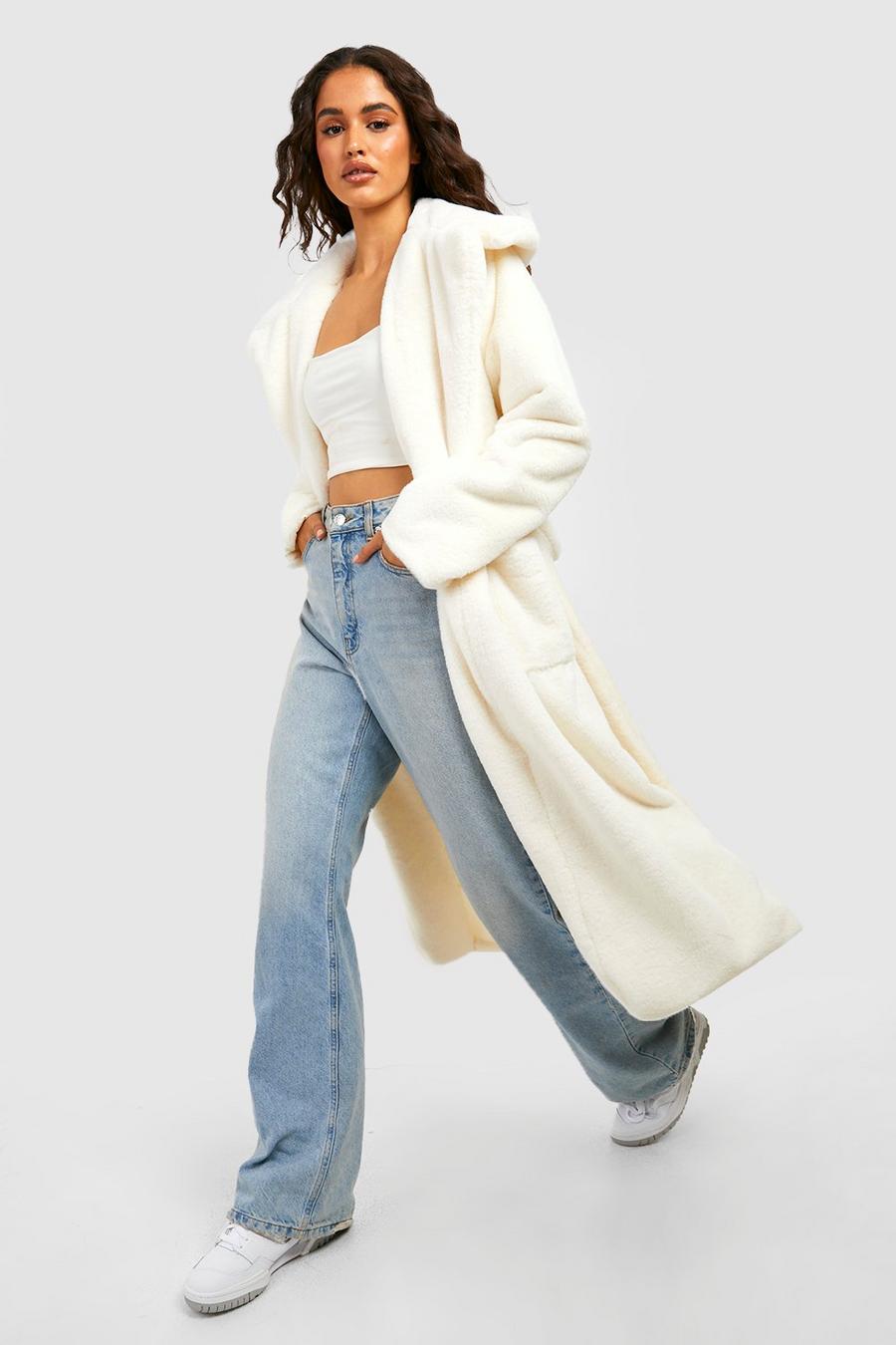 Cream white Faux Fur Belted Oversized Coat 