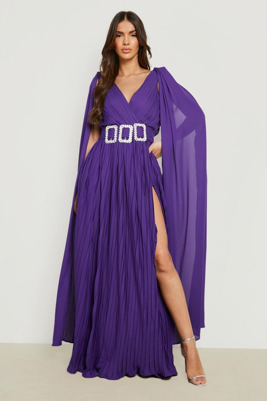 Jewel purple Pleated Chiffon Cape Diamante Trim Maxi Dress