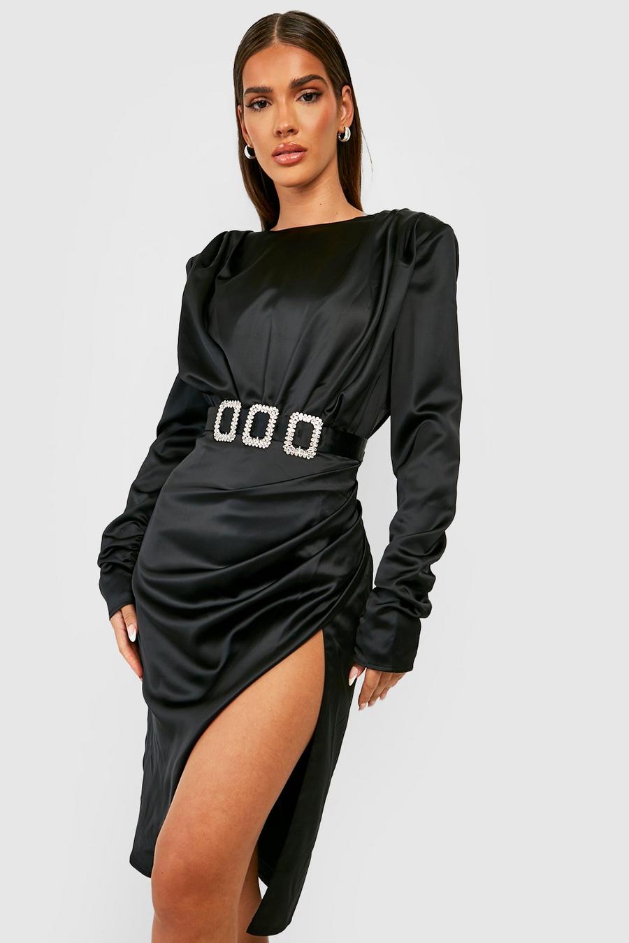 Black Satin Shoulder Pad Diamante Buckle Midi Dress image number 1