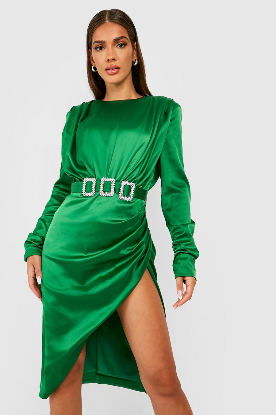 Emerald grön Satin Shoulder Pad Diamante Buckle Midi Dress image number 1