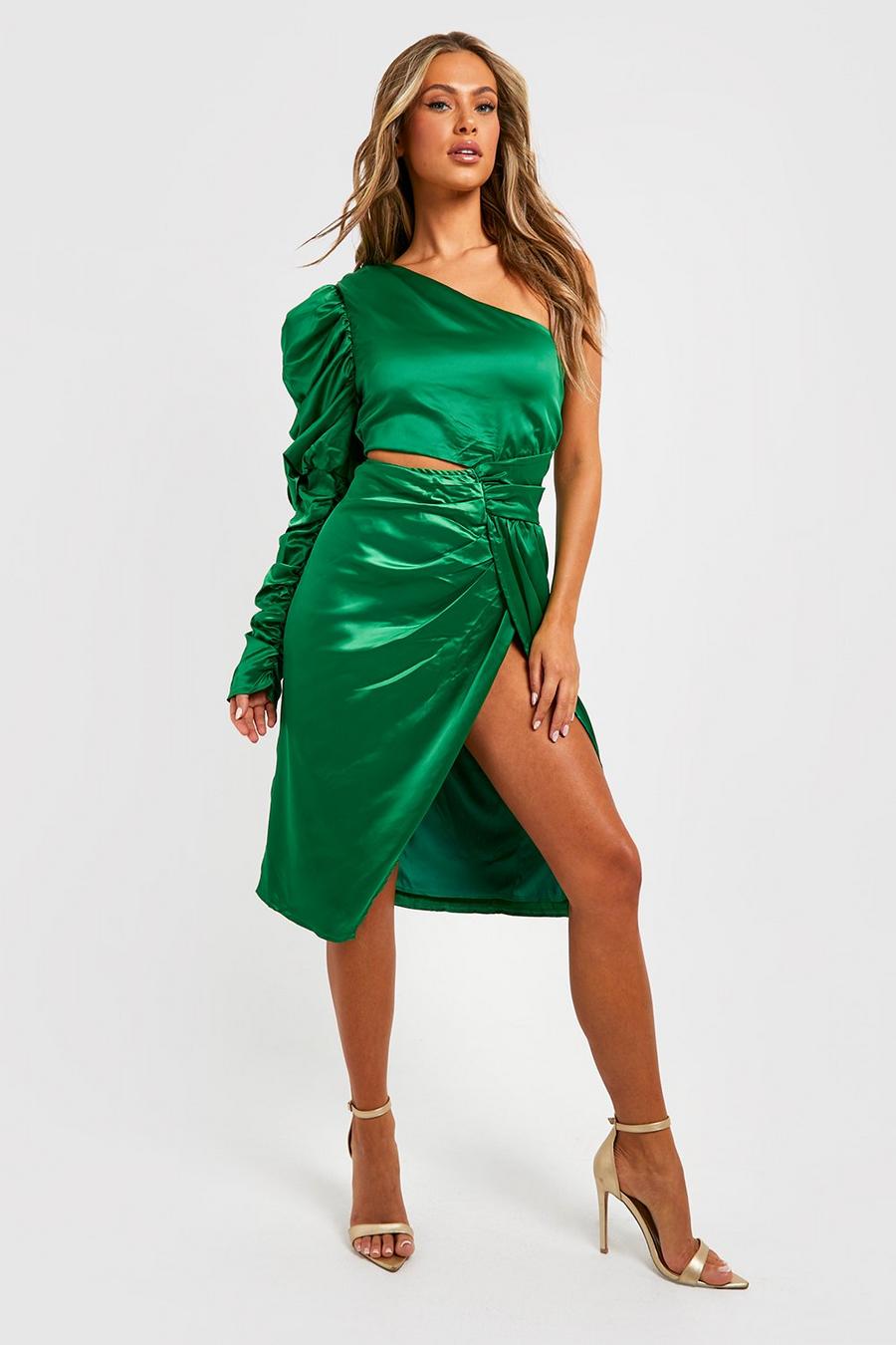 Emerald Satin Puff Sleeve One Shoulder Midi Dress image number 1