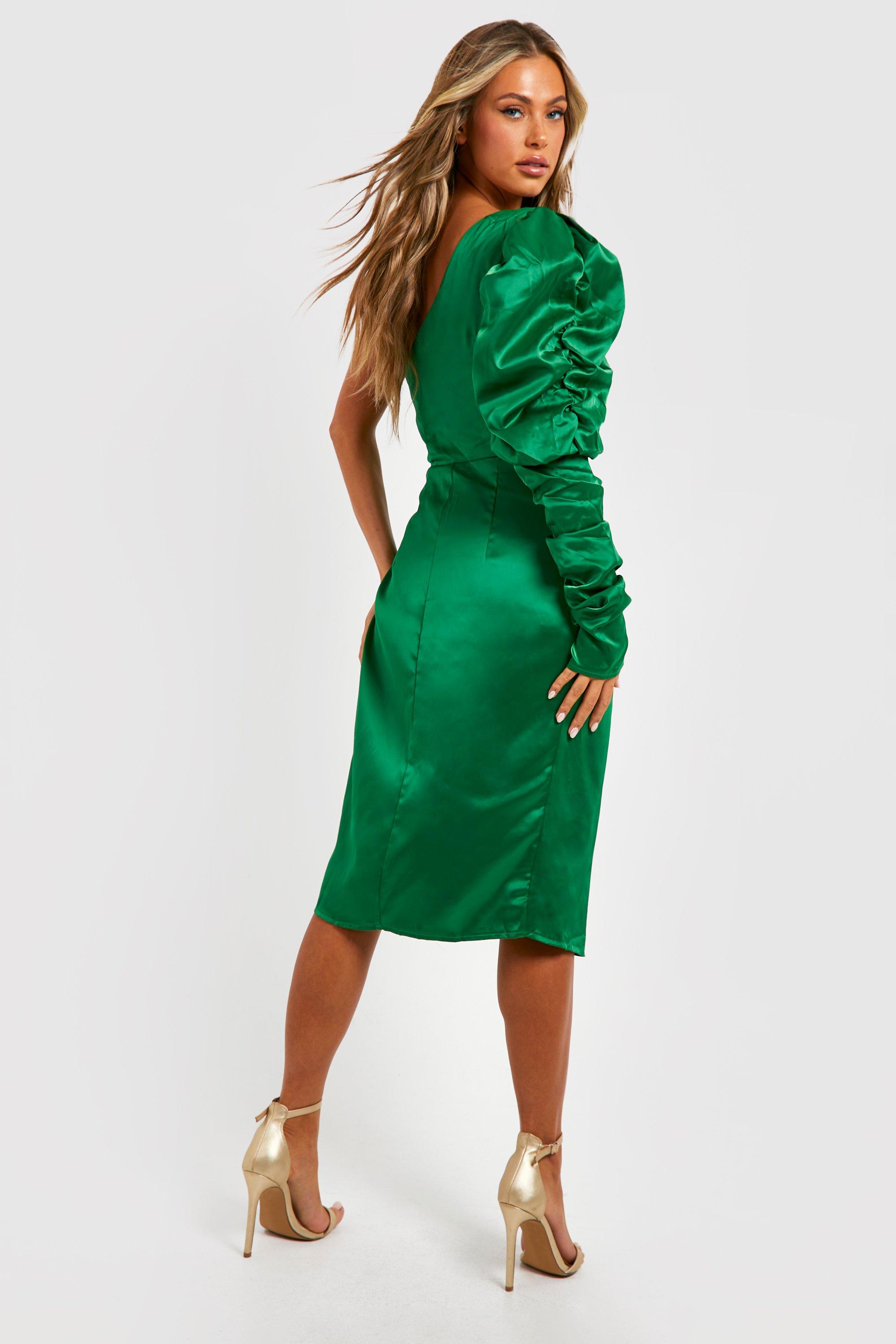 Satin Puff Sleeve One Shoulder Midi Dress