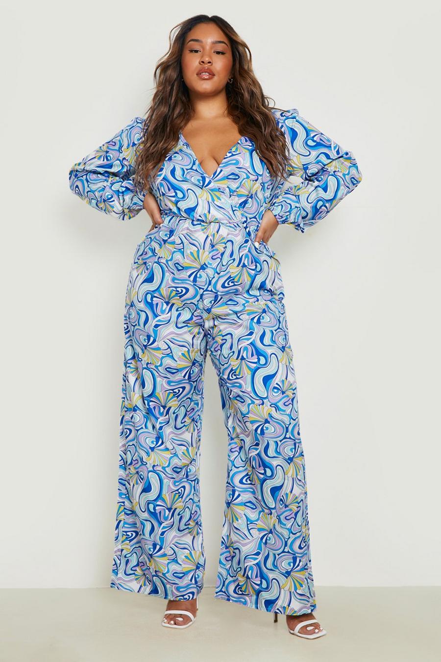 Blue Plus Abstract Print Wrap Jumpsuit  image number 1