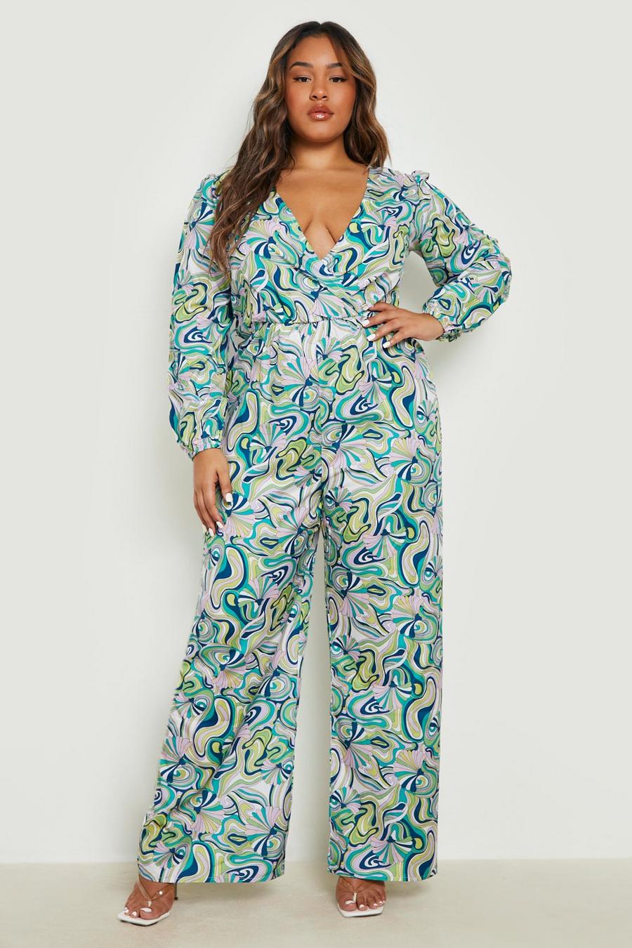 Green Plus Abstract Print Wrap Jumpsuit  image number 1