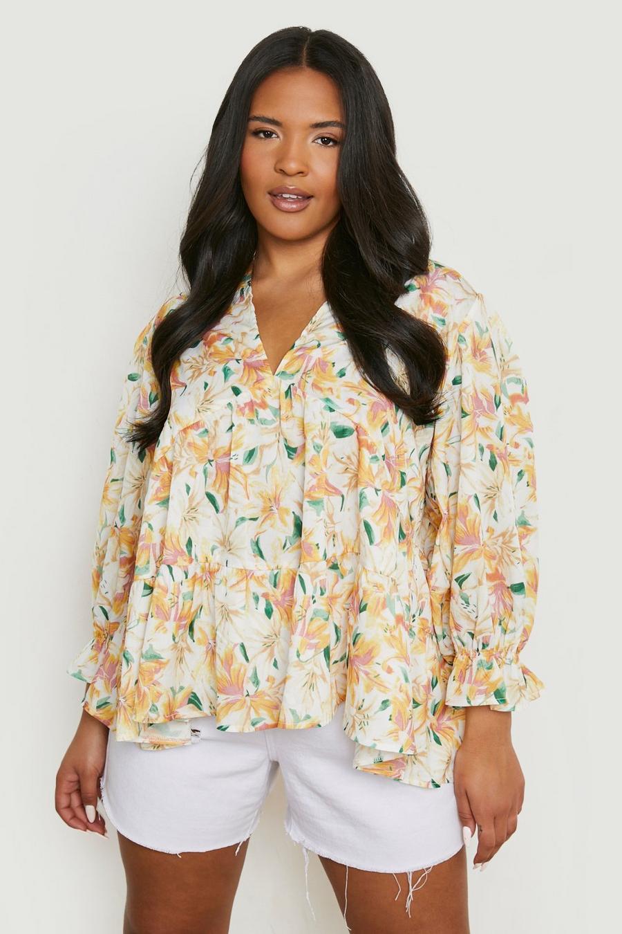 White Plus Floral Tiered Smock Blouse image number 1