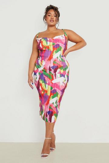 Plus Abstract Plisse Cowl Neck Midi Dress pink