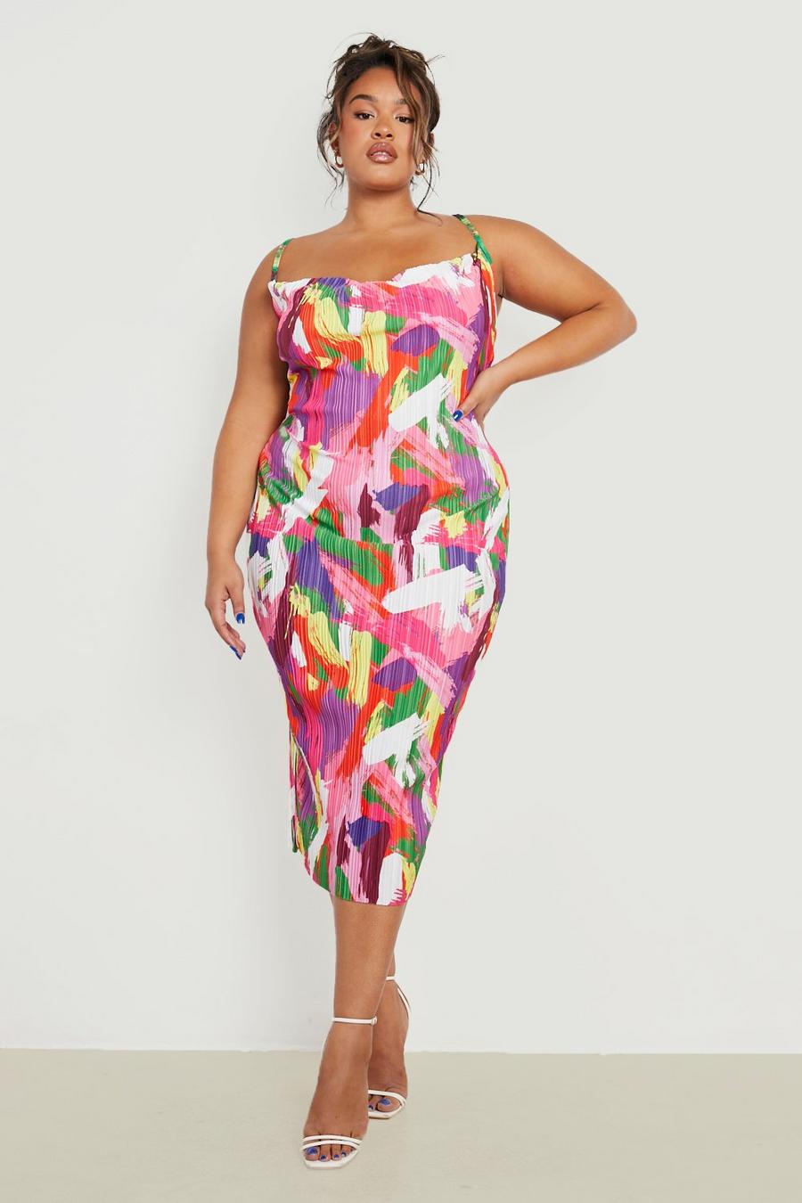 Pink Plus Abstract Plisse Cowl Neck Midi Dress image number 1