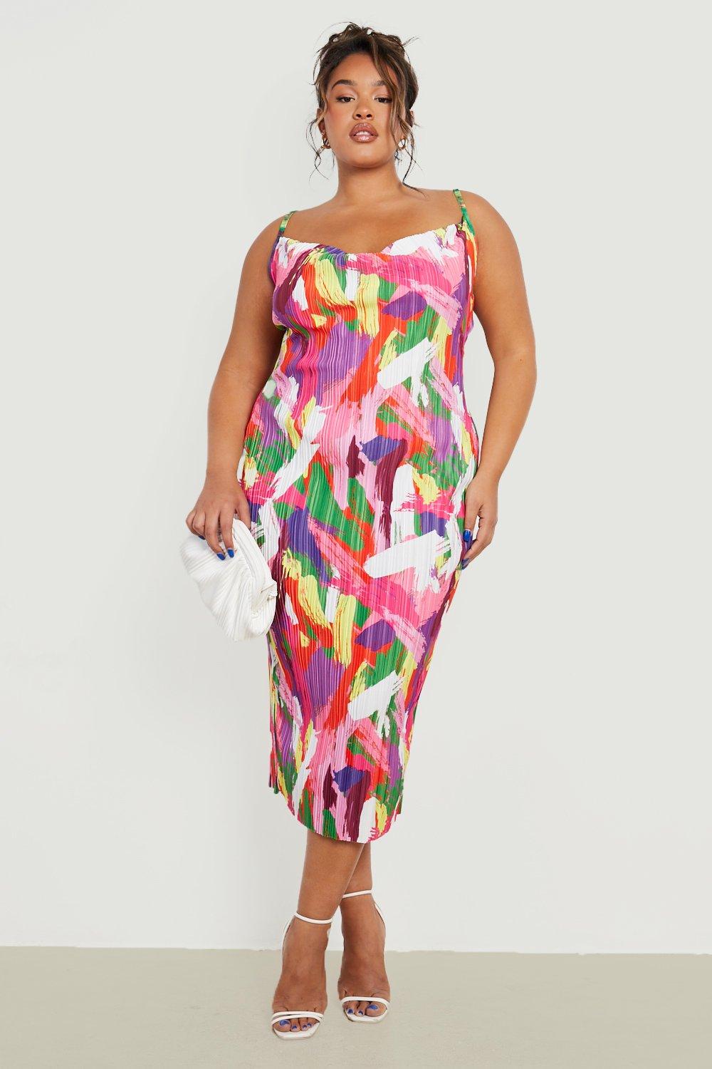 Plus Abstract Plisse Cowl Neck Midi Dress