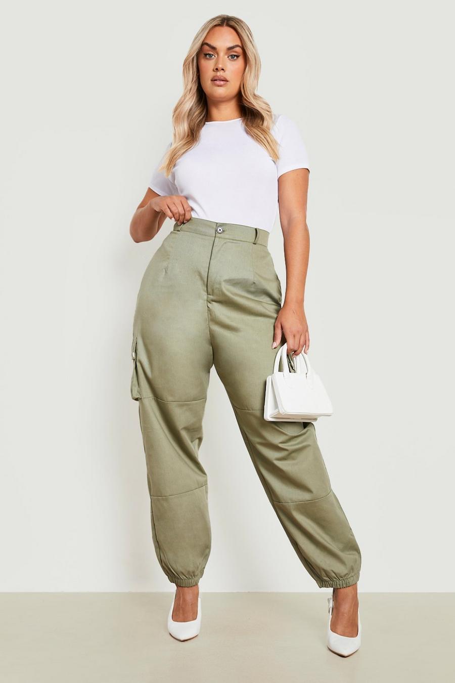 Khaki Plus High Waisted Woven Pocket Cargo Trousers image number 1