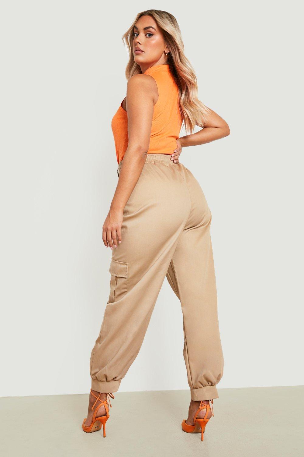 Womens Stone High Waisted Cargo Trousers Petite Slim Fit –