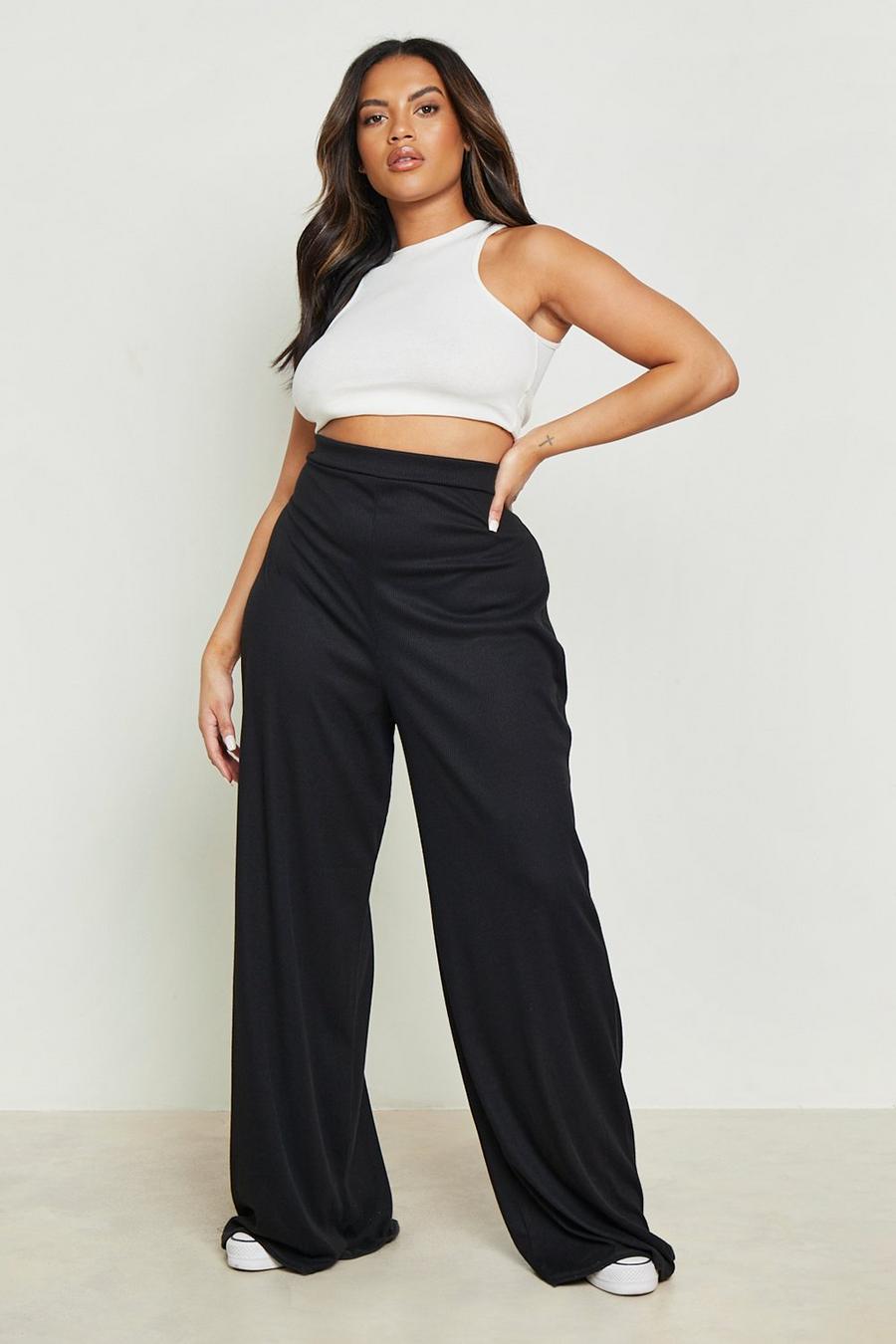Black Plus Wide Leg Ribbed Wide Leg Trousers image number 1
