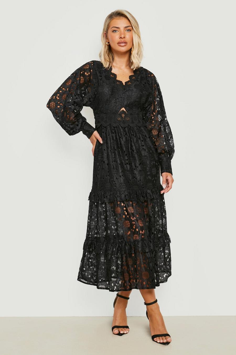 Black schwarz Boutique Crochet Lace Tiered Midaxi Dress 