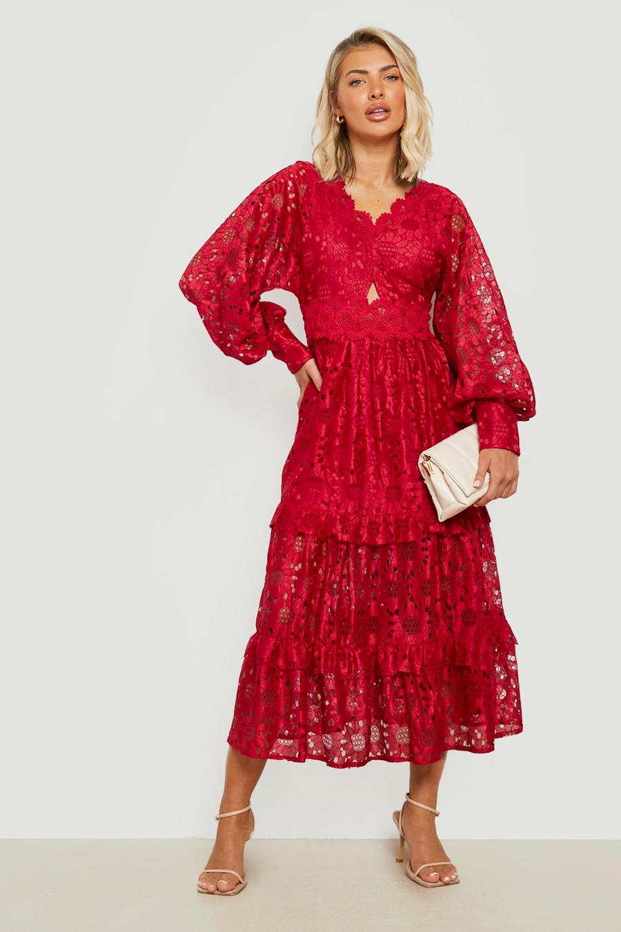 Red Boutique Crochet Lace Tiered Midi Dress image number 1