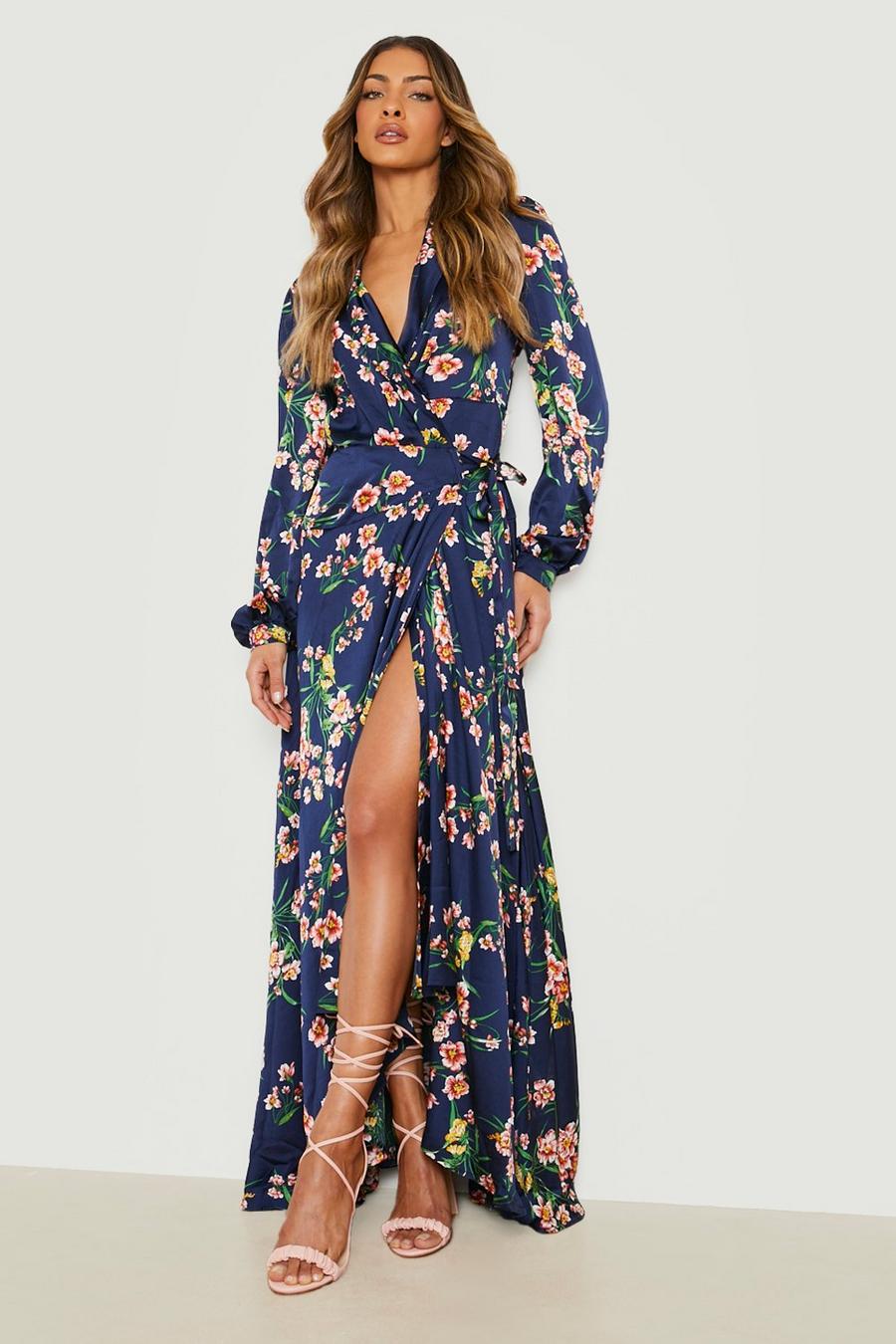 Navy Floral Ruffle Satin Wrap Maxi Dress Front image number 1