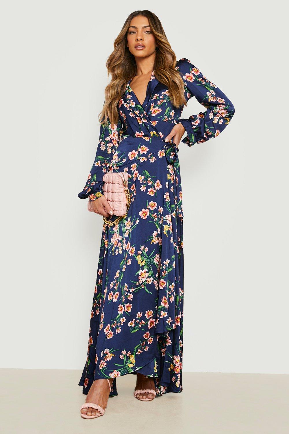 Floral Ruffle Satin Wrap Maxi Dress boohoo IE