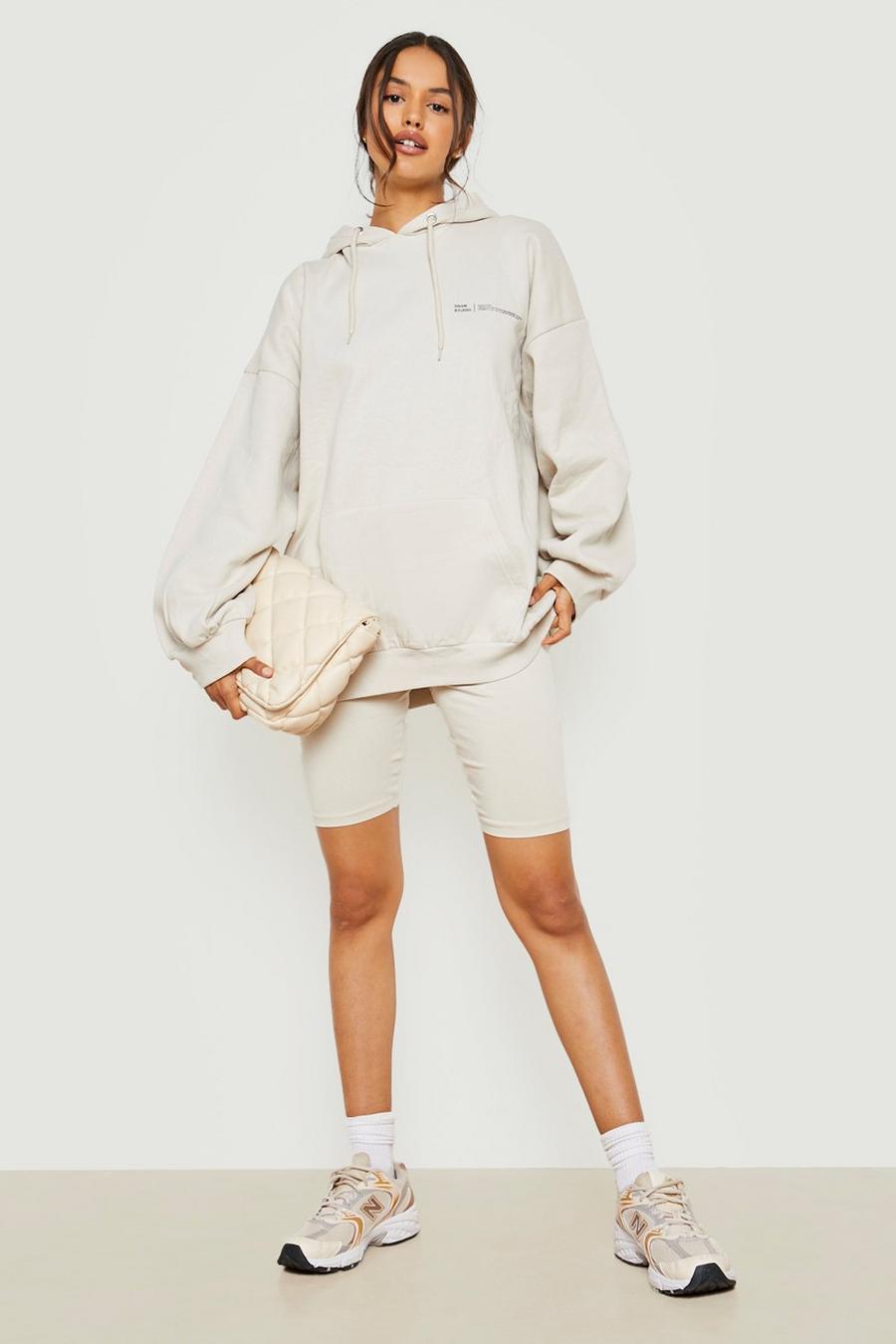 Stone beige Text Print Hoodie And Cycling Short Set image number 1