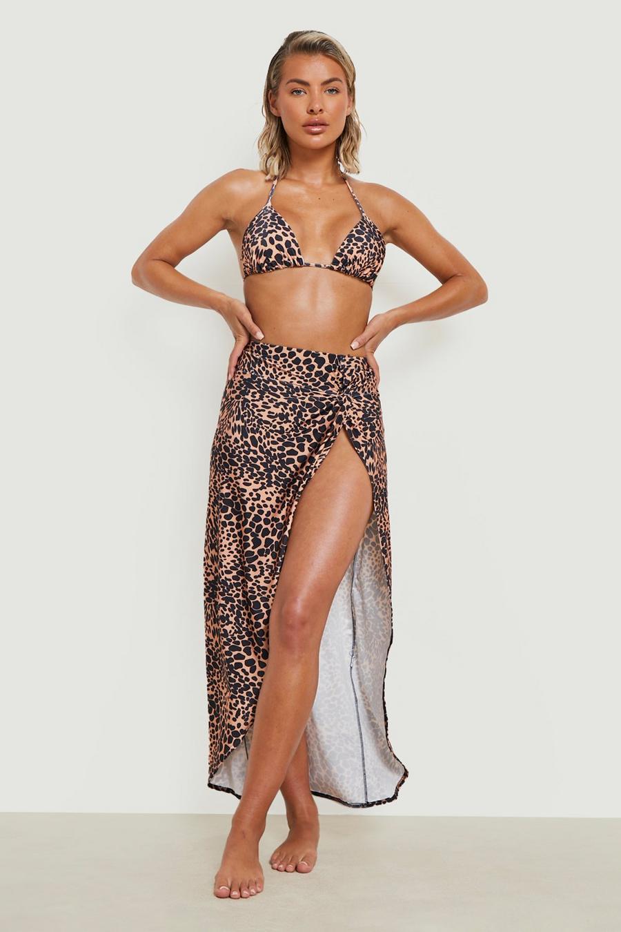 Falda maxi para la playa recogida con nudo, abertura y estampado de leopardo, Brown image number 1