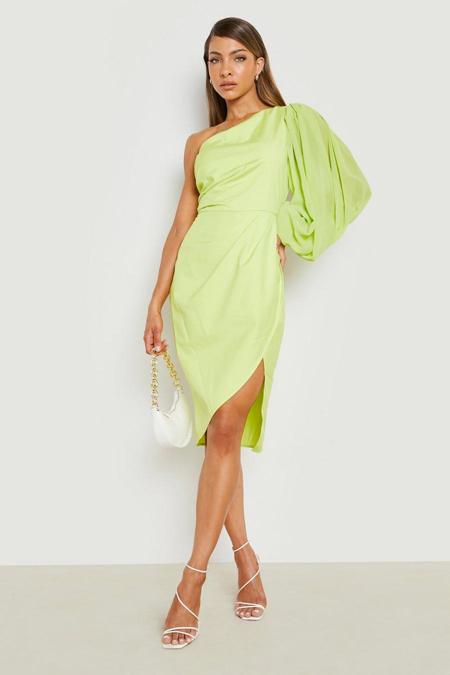 Lime green One Shoulder Chiffon Sleeve Midi Dress  image number 1