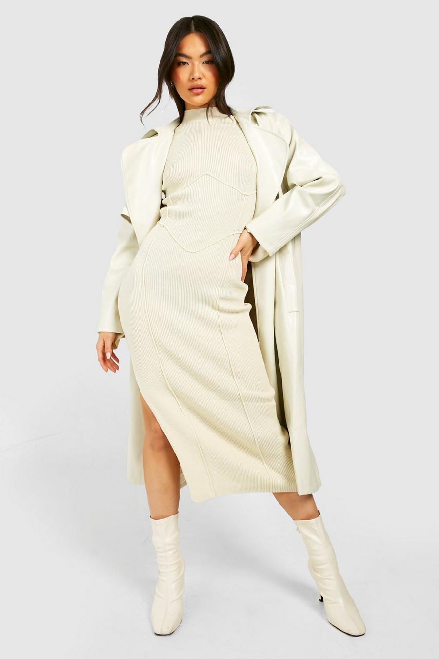 Ecru white Premium Rib Knit Corset Contour Midi Dress image number 1