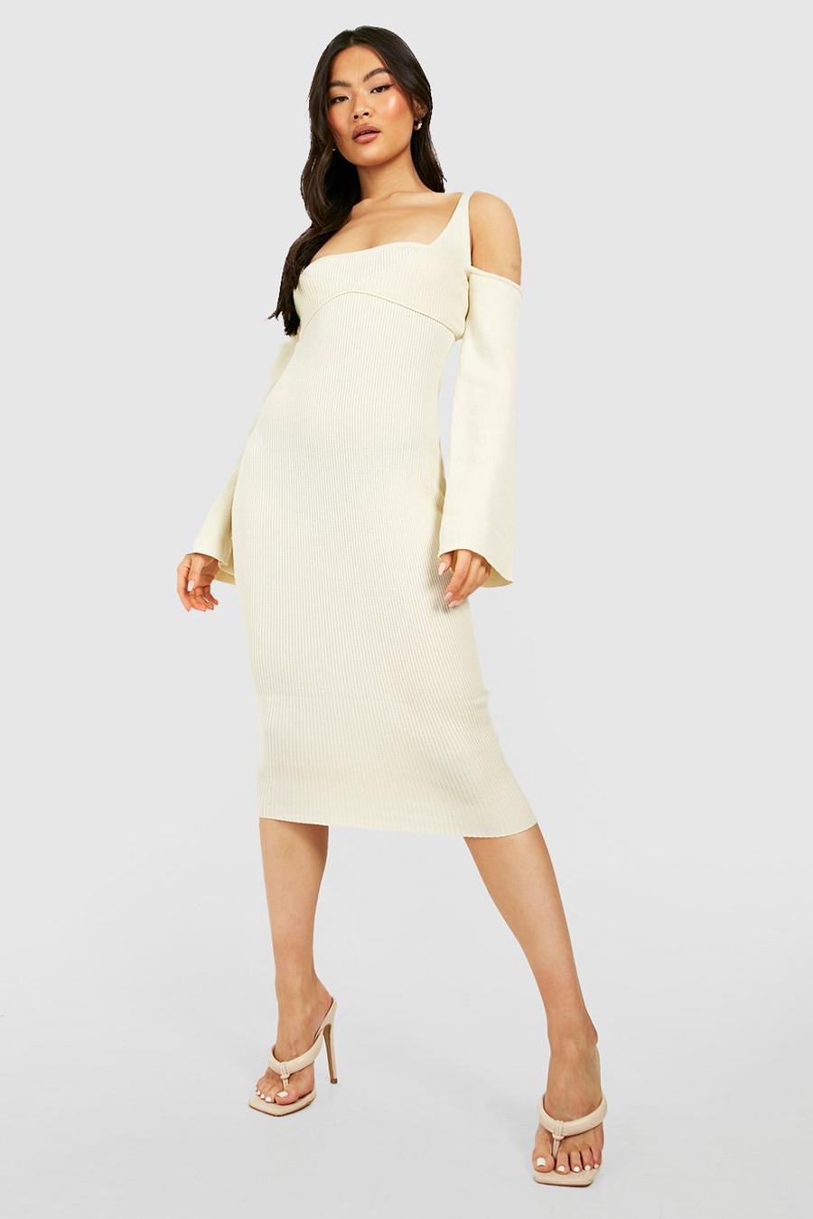 Geripptes schulterfreies Premium Kleid & Bralette, Ecru image number 1