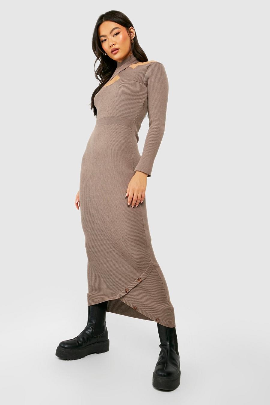 Geripptes Premium Cut-Out Strick-Kleid mit Knöpfen, Taupe image number 1