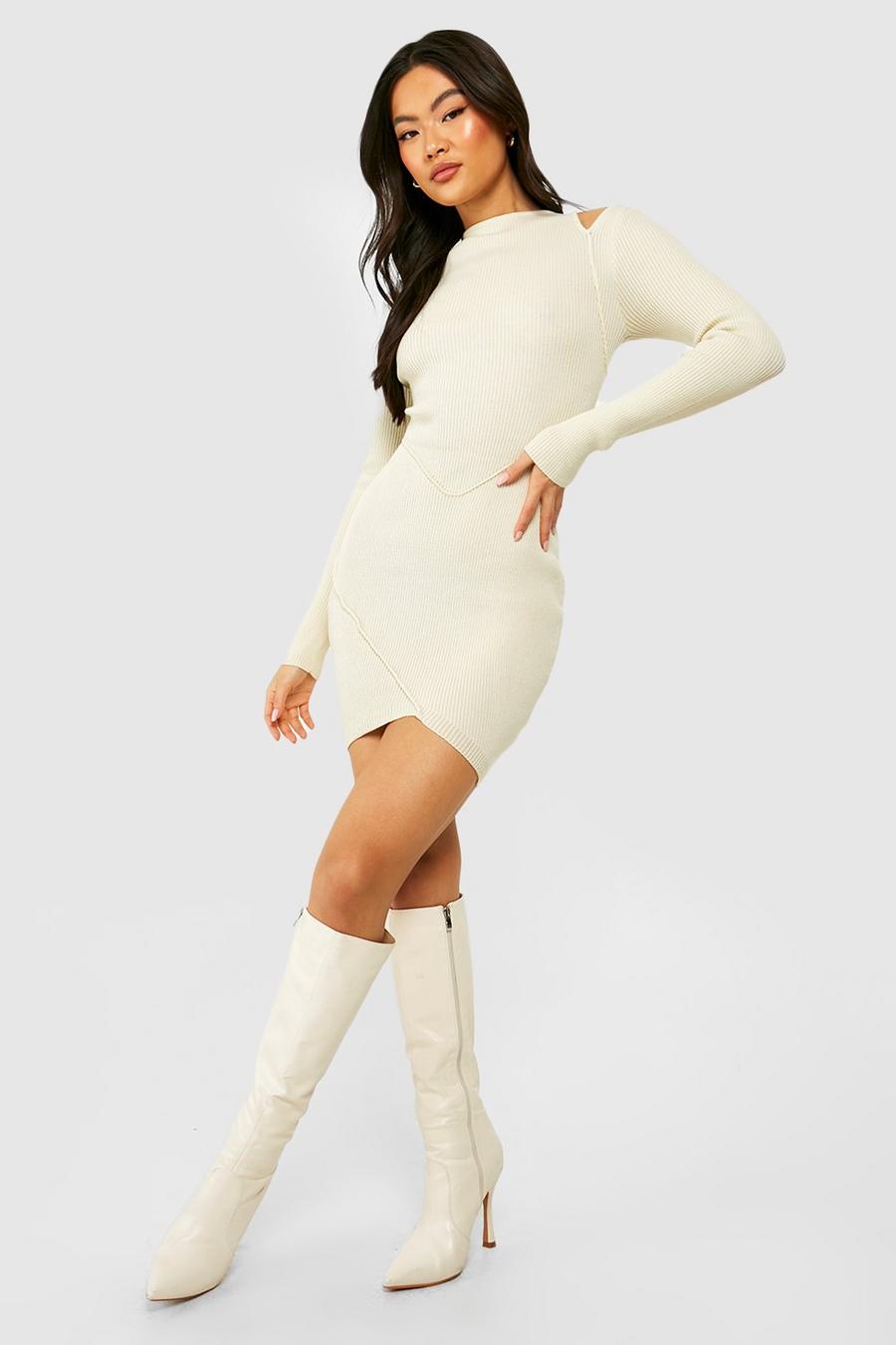 Ecru white Premium Rib Knitted Contour Mini Dress