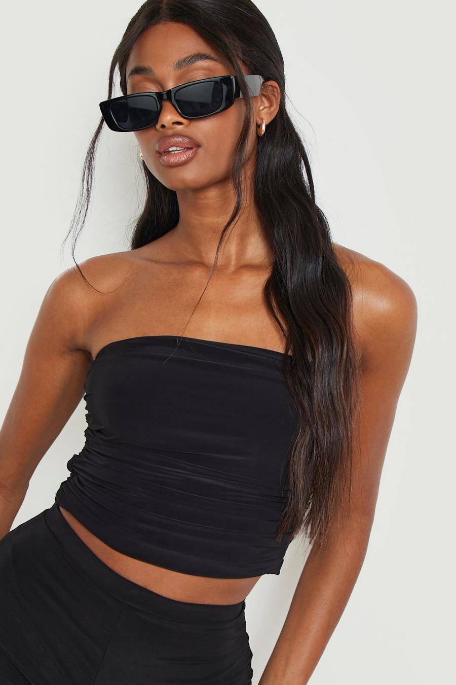 Black Double Layer Slinky Ruched Tube Top image number 1